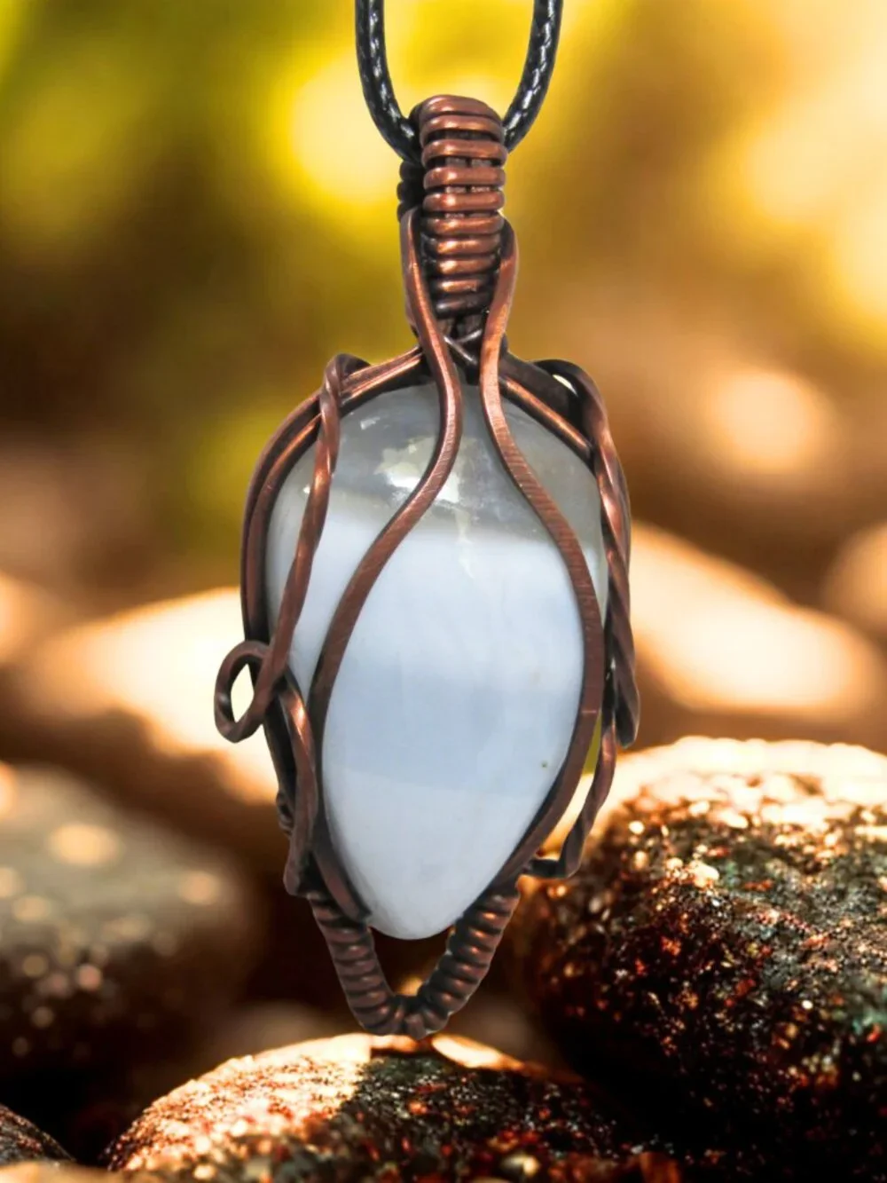 Handmade Blue Opal Wire Wrapped Copper Pendant Necklace